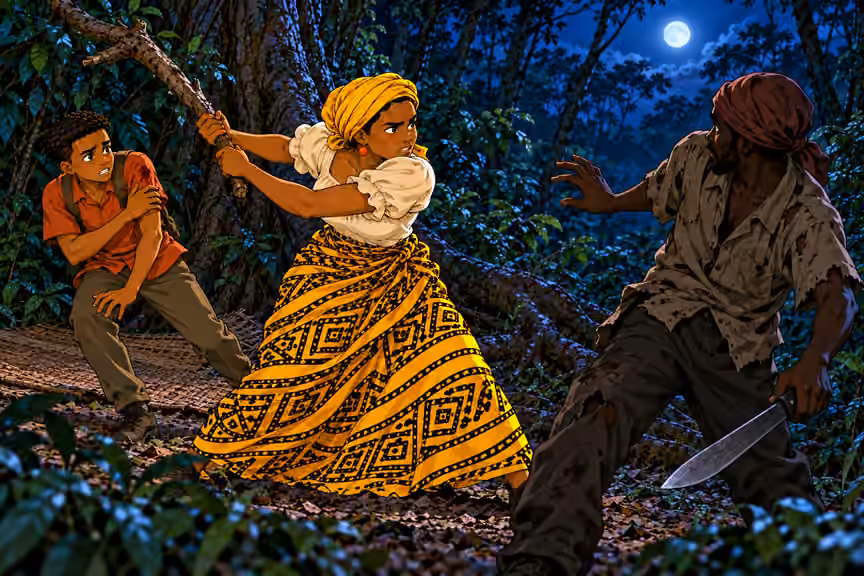 Emeka stumbles backward clutching his LEFT upper arm over rust-orange sleeve, small dark-red fabric stain only, NO open wound, blood flow or gore. Nneka stands in foreground swinging a fallen branch defensively toward a startled adult bandit several feet away,