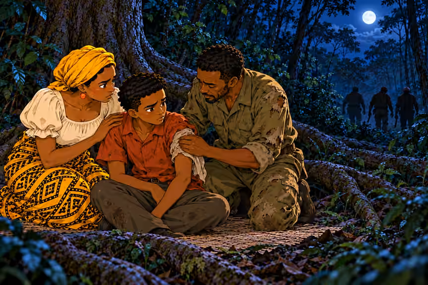 Okorie kneels beside seated Emeka at tree root, carefully examining his LEFT upper arm through small torn/stained sleeve, with wound obscured by his hand and cloth. Nneka kneels anxiously on other side. Retreating bandit silhouettes far away between trees. No 