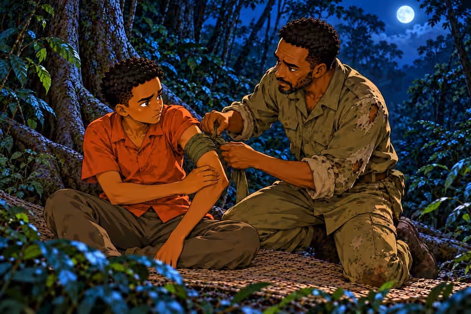 Okorie kneels and binds seated Emeka’s LEFT upper arm with a strip of faded OLIVE cloth torn from his own uniform hem. Emeka holds arm still with pained but conscious face. Injury fully concealed by neat olive fabric wrap, NO visible wound or blood. Exactly tw
