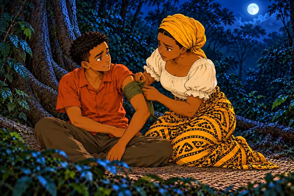 kneeling Nneka’s trembling hands gently secure loose end of OLIVE cloth bandage around seated Emeka’s LEFT upper arm; his rust-orange shirt stays on and his hand rests on lap. He looks up to give her a weak brave smile. Wound completely covered, no b