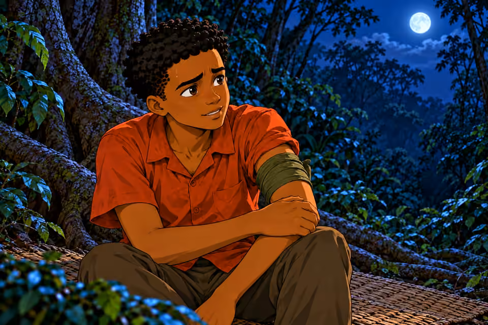 NIGHT at secluded forest camp beside broad tree roots and a simple woven sleeping mat. Cool blue moonlight through canopy, dark green foliage. NO fire, lantern, torch, electric light or buildings. Close portrait of seated Emeka offering a faint reass