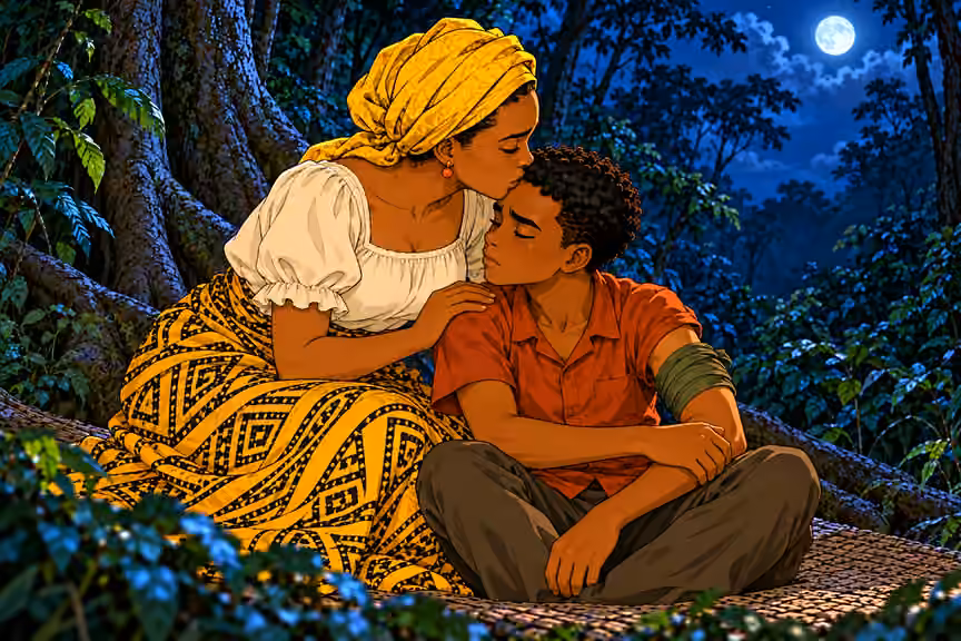 Nneka leans down and gently kisses seated teenage Emeka on forehead; he closes eyes in comfort. Her hand rests lightly on his uninjured right shoulder. His LEFT upper arm remains wrapped in olive cloth, rust shirt on. No other people.