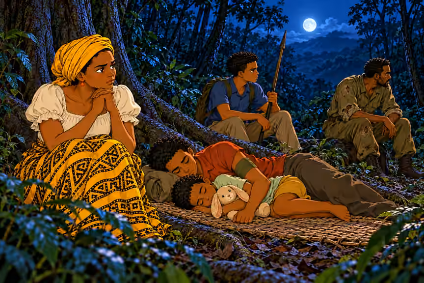 Nneka sits wide awake at tree roots in foreground, hands clasped, watching sleeping sons. Emeka rests on mat with OLIVE bandage LEFT upper arm, Obi curled beside him with rabbit, Chima sits alert farther away with wooden spear, Okorie watches trees a