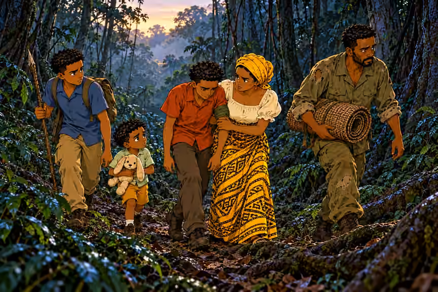 Okorie lifts rolled woven mat, Nneka helps injured Emeka take careful steps, his LEFT upper arm wrapped in olive cloth. Chima carries spear and canvas bag, Obi walks close hugging rabbit. Exactly five travelers, no bandits or buildings.