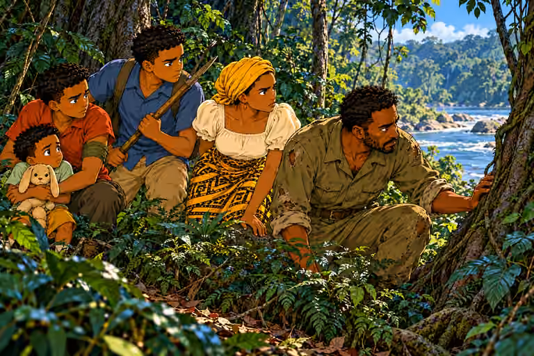 five travelers stop abruptly on bank approach, Okorie listening tensely at front, Nneka half turns toward distant commanding voice, Chima grips wooden spear and Emeka with LEFT olive arm wrap holds Obi close. Major and troops remain unseen beyond thi