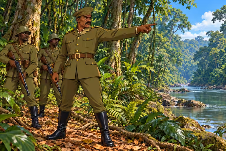 MORNING forest near river. Remote dense tropical forest with tall trunks, roots, vines, layered ferns and leaf litter. NO huts, cabins, village, fences, buildings, road or vehicles. Major Ibrahim stands on a leaf-strewn bank-side path giving a cold command wit