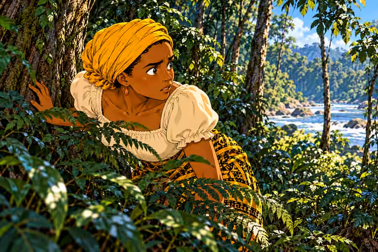 MORNING dense forest river approach. Remote dense tropical forest with tall trunks, roots, vines, layered ferns and leaf litter. NO huts, cabins, village, fences, buildings, road or vehicles. Tight profile of Nneka listening in alarm, one hand braced