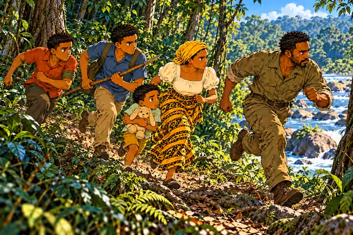 Nneka exchanges quick decisive glance with Chima as the five travelers turn and begin fleeing along uneven bank-side trail. Okorie ahead, Chima wooden spear angled safely down, Emeka LEFT arm olive wrap protected against chest, Obi runs close to Nnek