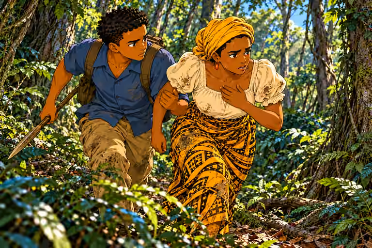 MORNING forest pursuit. Remote dense tropical forest with tall trunks, roots, vines, layered ferns and leaf litter. NO huts, cabins, village, fences, buildings, road or vehicles. Close tracking view of exhausted Nneka running with painful determinati