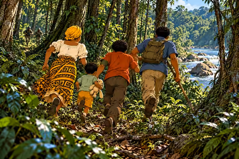 Nneka and THREE sons hurry away through converging tree trunks toward bend, Emeka with LEFT arm olive wrap close to Obi and rabbit, Chima blue shirt and lowered wooden spear. TWO very distant helmeted pursuers glimpsed far back. Okorie already ahead 