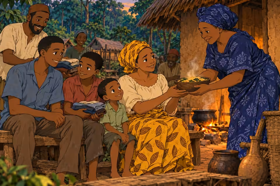 Aunty Ngozi and the villagers offer the family food and rest.