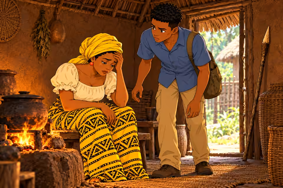 Nneka sits slumped on low bench beside small hearth, one hand on her brow as weakness blurs her focus; Chima stands nearby noticing with intense concern. Exactly mother and oldest son visible, other sons outside crop. Wooden spear rests safely against wall nea