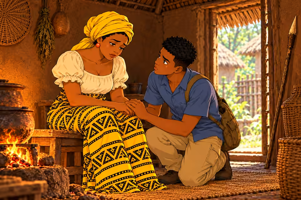 Chima KNEELS beside seated Nneka, gently holding her hand while urging her to rest. Mother sits on low bench with weary posture looking down at him. Exactly two, small hearth to side, no one standing in place of kneeling son.