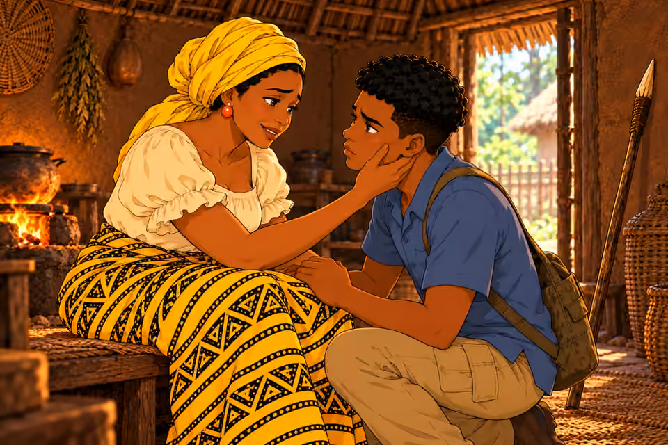 seated Nneka forces a fragile smile and cups kneeling Chima’s cheek in one hand, looking into his worried youthful face. Both tender and exhausted, only two people. No kiss or hug, natural one hand at cheek.