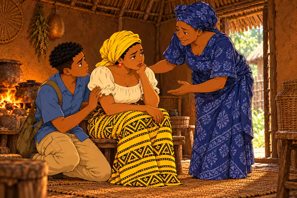 Inside Aunty Ngozi’s modest earth-plastered hut, thatched rafters, low wooden bench, woven floor mats, clay pot on small contained hearth fire; warm firelight and faint daylight from open doorway. No modern furniture or medical equipment. NEW Aunty Ngozi gate 