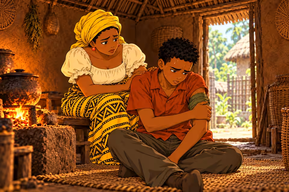 Emeka sits on woven mat trying to hide pain, sweating feverishly, his LEFT upper arm wrapped in olive cloth, right hand held protectively over bandage. Nneka notices with worry from bench behind. Wound fully covered, no swelling detail or gore. Exact