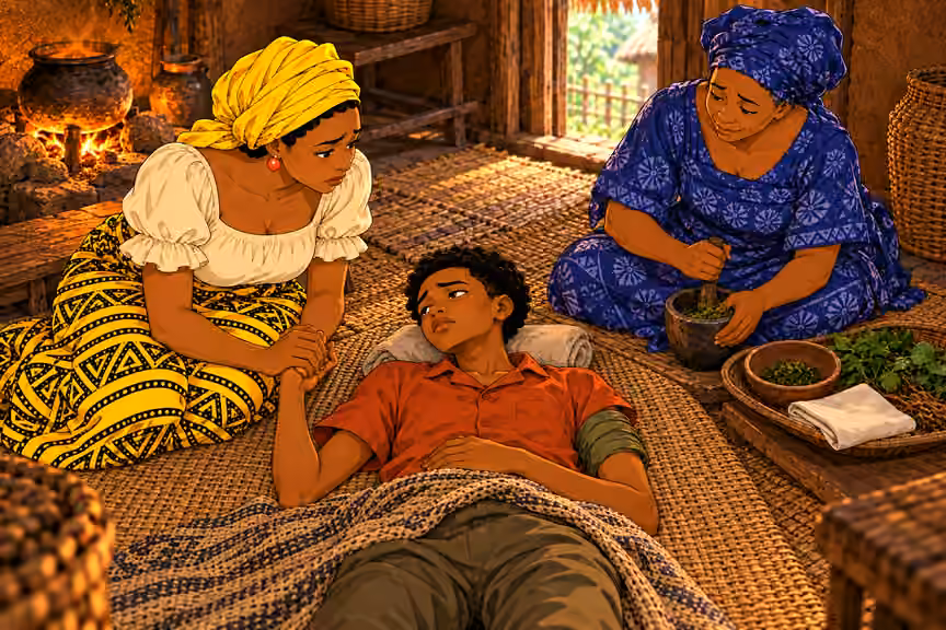 teenage Emeka lies on woven mat on floor, head on rolled cloth, rust-orange shirt on and LEFT upper arm wrapped in olive cloth, weak and BREATHING. Nneka kneels beside him holding his right hand. Aunty Ngozi at far side prepares a modest clay bowl of crushed g
