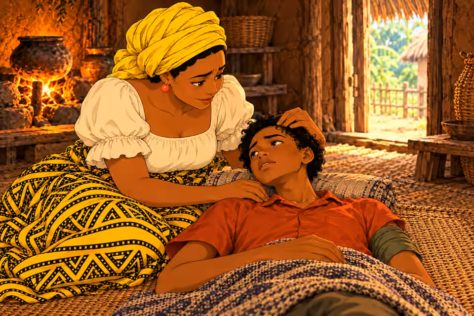 Nneka gently brushes sweat-damp short curls away from Emeka’s forehead with fingertips, looking at her feverish teenage son with pride and anguish. He lies conscious breathing on woven mat, olive LEFT upper arm wrap visible. Only mother and son, no d