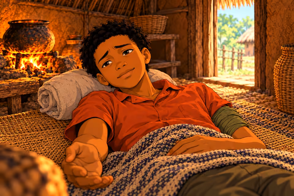 Emeka lies propped slightly on rolled cloth and gives a faint loving, sad smile toward Nneka outside frame, speaking softly. Right hand reaches slightly toward bottom edge; LEFT olive arm wrap present, rust-orange shirt on. Only Emeka, still alive br
