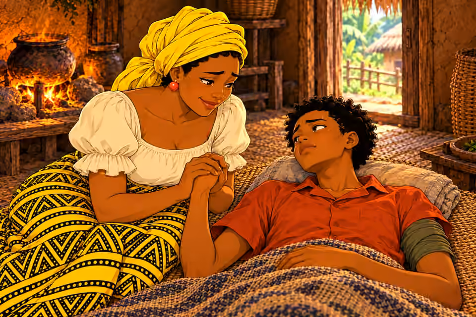Nneka blinks away tears and tries to smile encouragingly while clasping Emeka’s RIGHT hand between hers. He lies feverish but conscious on mat, olive cloth wrap LEFT upper arm. Natural affectionate hands, two people only, no specter or symbol.