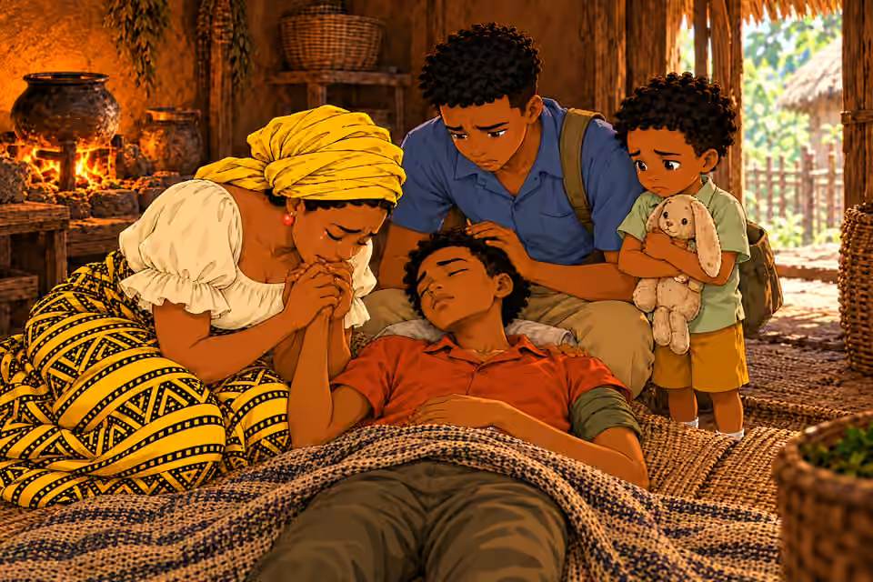family gathers around Emeka’s woven mat; Nneka kneels holding his hand, Chima sits at his head with grief-stricken face, small Obi stands close hugging rabbit. Emeka rests still with peaceful closed eyes, clothed in rust-orange shirt, LEFT olive band