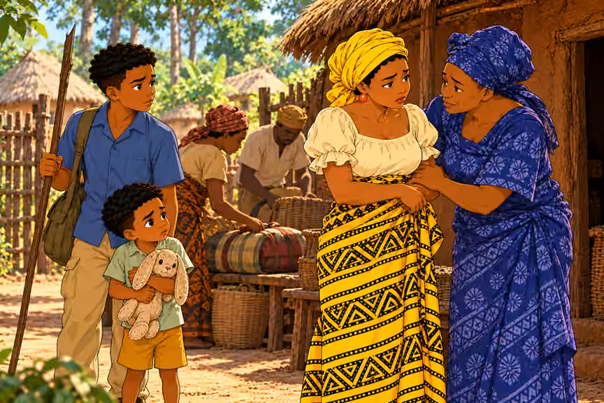 DAYLIGHT outside Aunty Ngozi’s earthen hut with thatch roof, packed-earth courtyard at forest village edge, a few humble huts and tall trees. No modern buildings or vehicles. NEW departure gate. After Emeka’s death, living family is EXACTLY Nneka, Chima and li