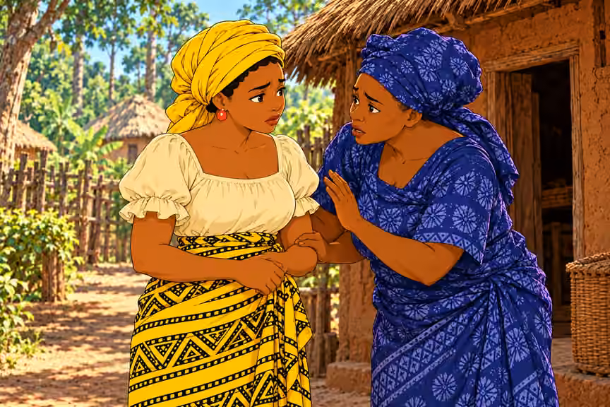 Aunty Ngozi leans toward Nneka and quietly urges immediate departure, palm held near mother’s forearm. Nneka listens gravely, upright. Exactly two women, indigo pattern and yellow wrapper clear; no soldiers in courtyard, no physical attack.