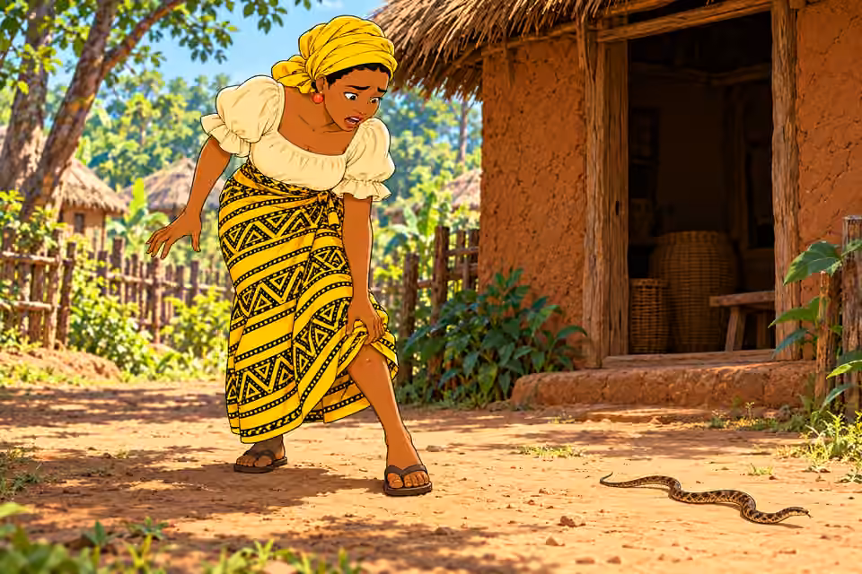 Nneka suddenly halts and looks down in pain, gripping her wrapper slightly above LEFT ankle modestly. A small brown forest snake slithers AWAY on earth several feet from her left foot. Bite already happened, NO fangs touching skin, open wound, blood 
