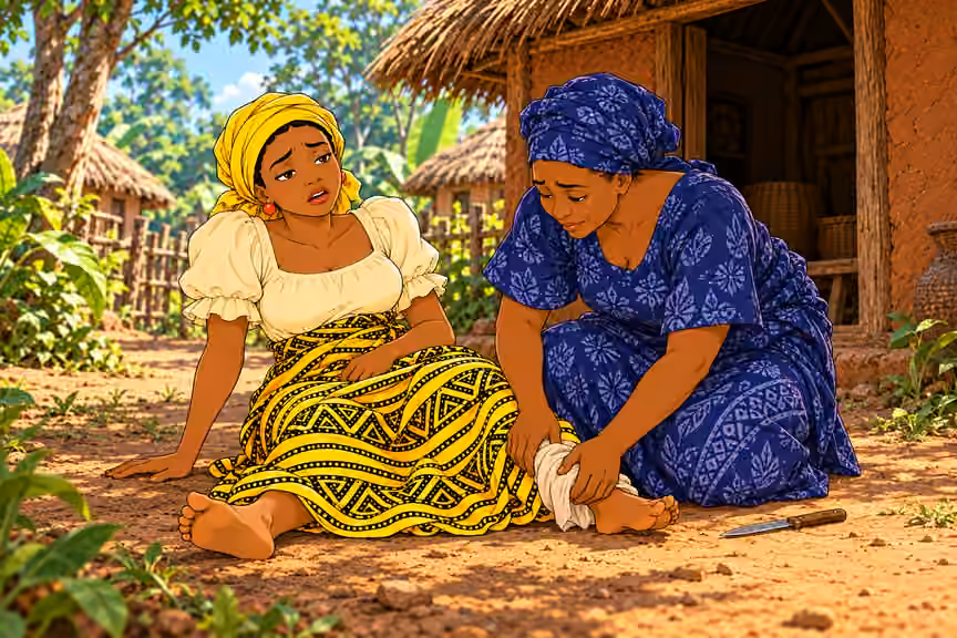 DAYLIGHT outside Aunty Ngozi’s earthen hut with thatch roof, packed-earth courtyard at forest village edge, a few humble huts and tall trees. No modern buildings or vehicles. Non-graphic fictional emergency scene. Nneka is seated on ground weak and d