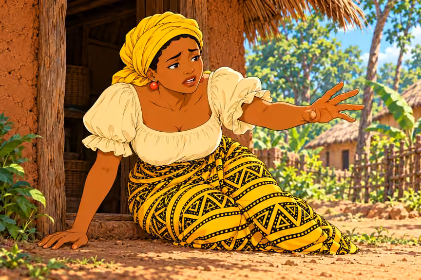 Nneka struggles to remain conscious, leaning against earthen doorway, one hand pressed to ground for support and the other reaching weakly toward her children outside frame. Lips parted pleadingly, eyes heavy but determined. LEFT ankle covered by pla