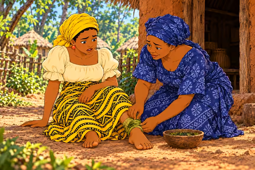 crouching Aunty Ngozi gently applies a folded herb-stained cloth poultice over Nneka’s LEFT ankle; Nneka sits on ground braced against doorway, visibly weak. A small clay bowl of green crushed herbs beside Ngozi. Ankle fully covered, no wound or bloo