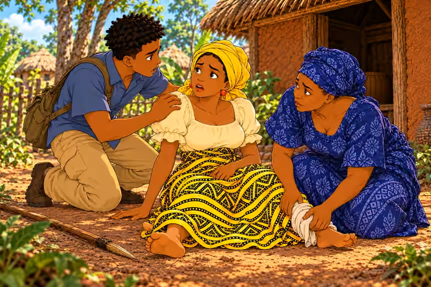 Chima rushes to kneel at seated Nneka’s side, terrified eyes looking into hers, one hand gently on her shoulder. Aunty Ngozi crouches at mother’s covered LEFT ankle, pausing to look up. Chima wooden spear laid safely on ground to side. Mother remains