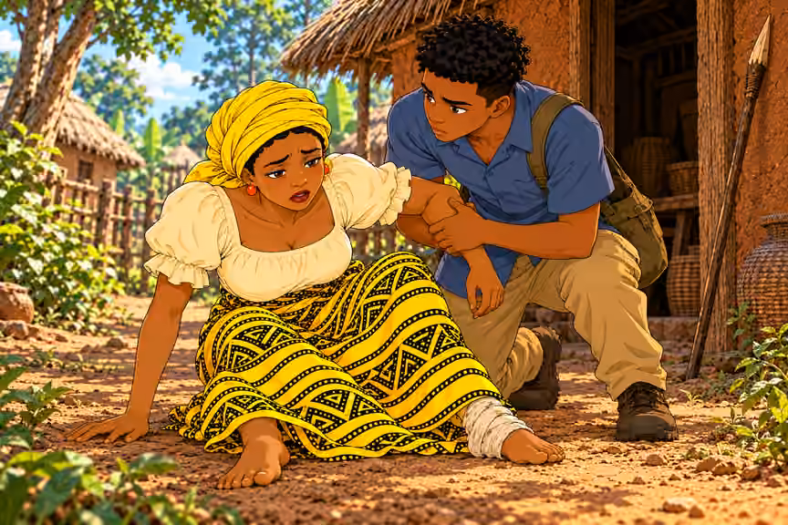 Nneka seated on earth struggles to lift her heavy head and focuses on Chima crouching beside her; she braces both hands preparing to rise, determination through weakness. Chima offers a steady supporting forearm. Her LEFT ankle wrapped in a plain her