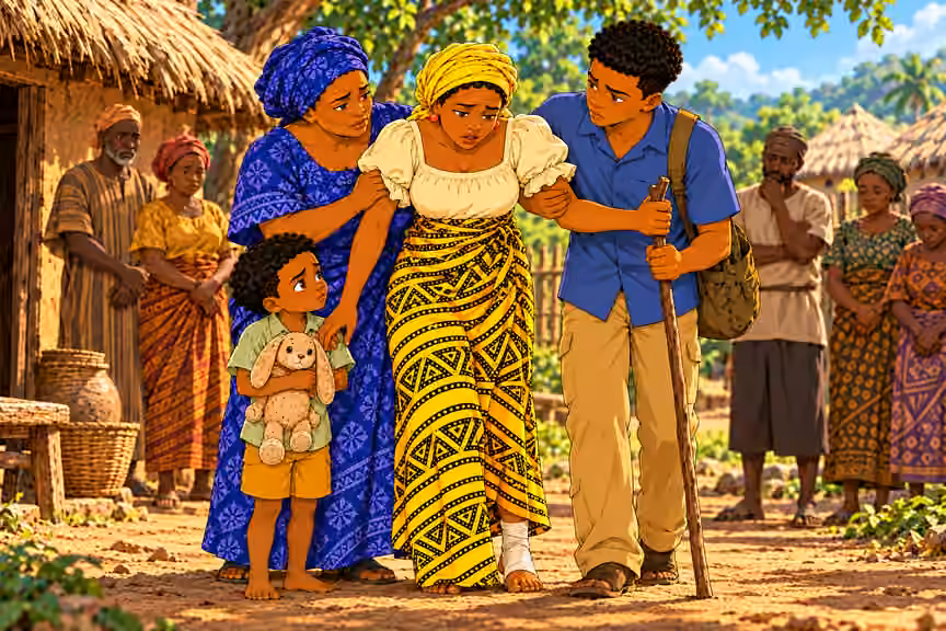 Aunty Ngozi helps Nneka rise to her feet, one arm supporting mother’s back while Chima steadies her other forearm; Nneka’s LEFT ankle cloth wrapped and she keeps weight mostly on right leg. Obi stands close holding rabbit. Three anonymous adult villa
