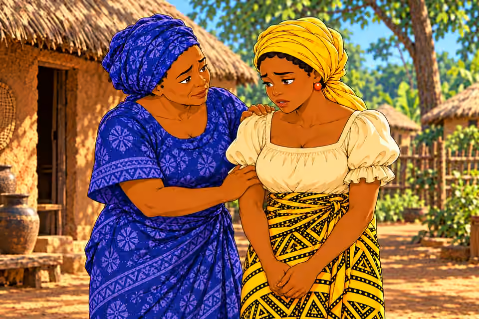 Aunty Ngozi places one reassuring hand on weak Nneka’s shoulder and speaks tenderly; Nneka stands leaning slightly toward her, exhausted eyes receiving advice. Only two women, indigo patterned headwrap and yellow headwrap distinct. Nneka remains stan