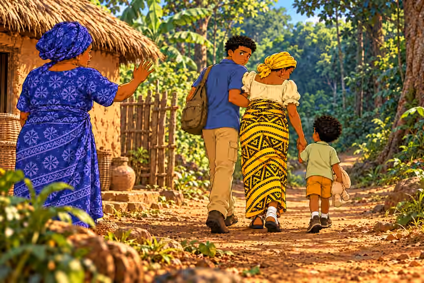 The family leaves Ngozi and the village behind.