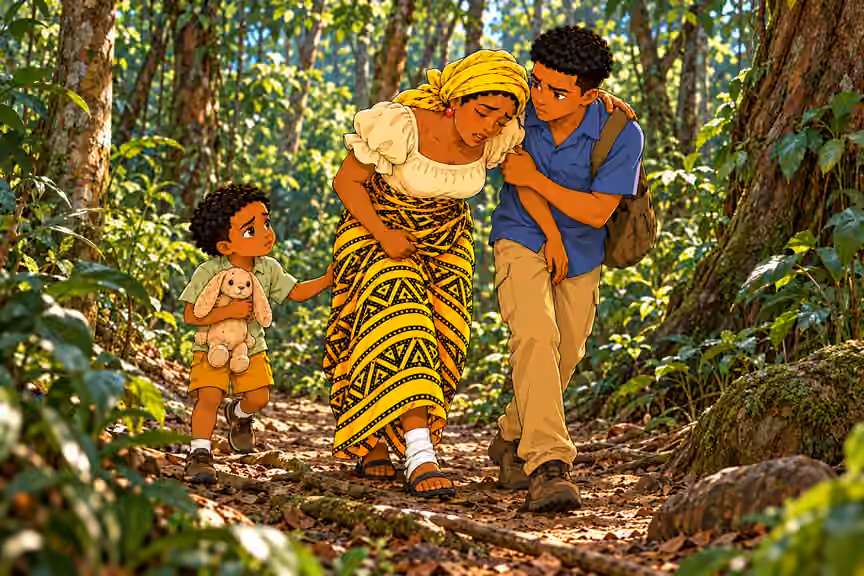 Chima supports Nneka through the forest.