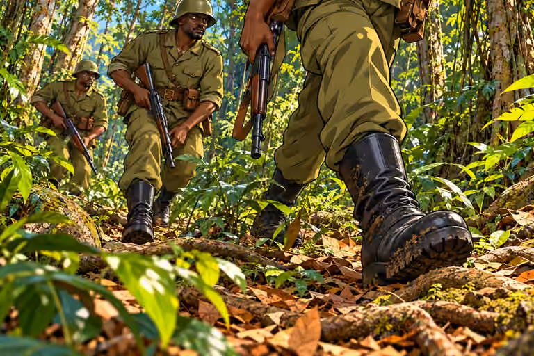 Soldiers press through the undergrowth.