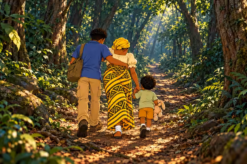 Three survivors move beneath the forest canopy.