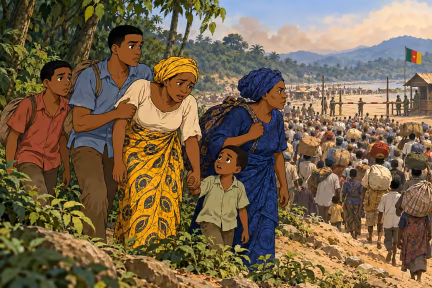 The family reaches the forest's edge near the crowded border.