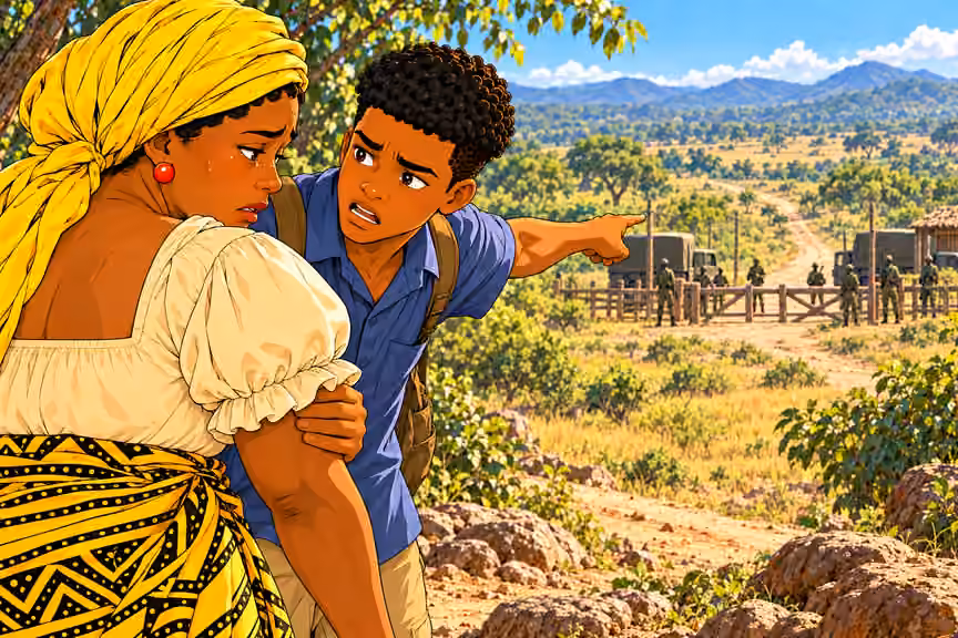Chima urges his mother toward safety.