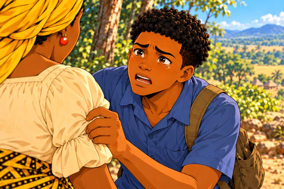 Chima cannot bear to leave his mother.