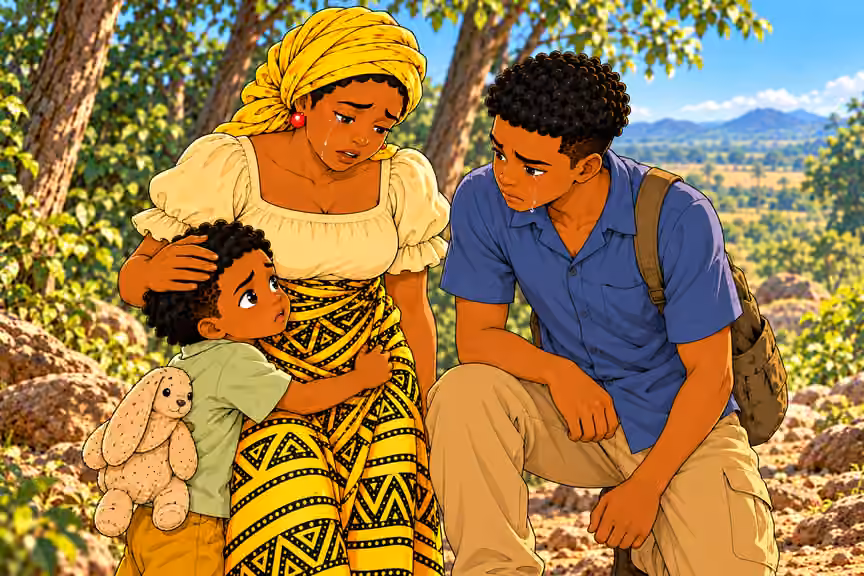 Chima turns to Obi as their mother holds him close.