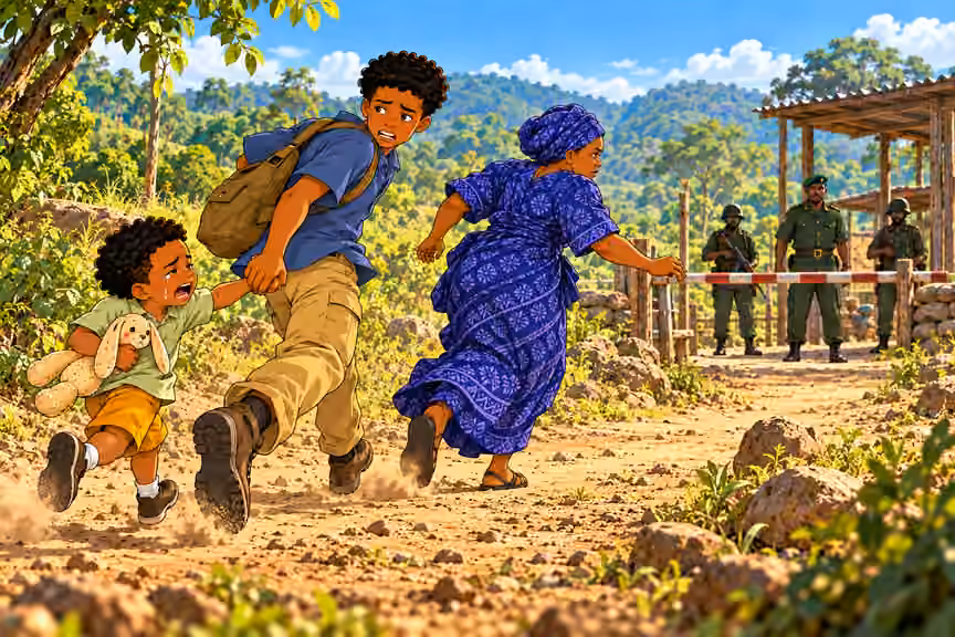 Chima and Obi run with Ngozi toward safety.