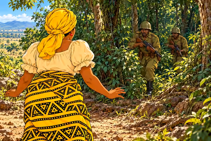 Nneka faces the approaching soldiers.