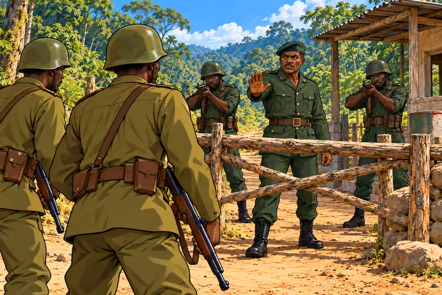 Cameroonian soldiers block the pursuers at the border.