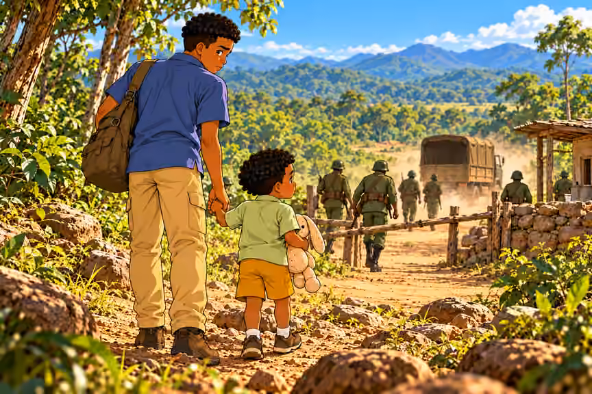 Chima and Obi look back from safety.