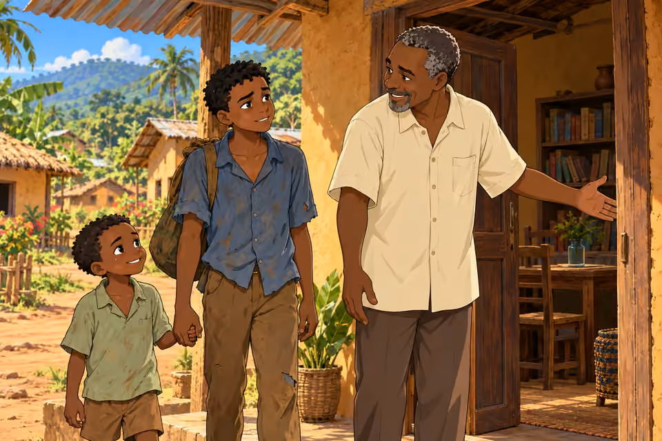 Mr Tankeu welcomes the brothers into his home.