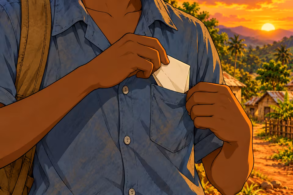 He folds the letter and keeps it close.
