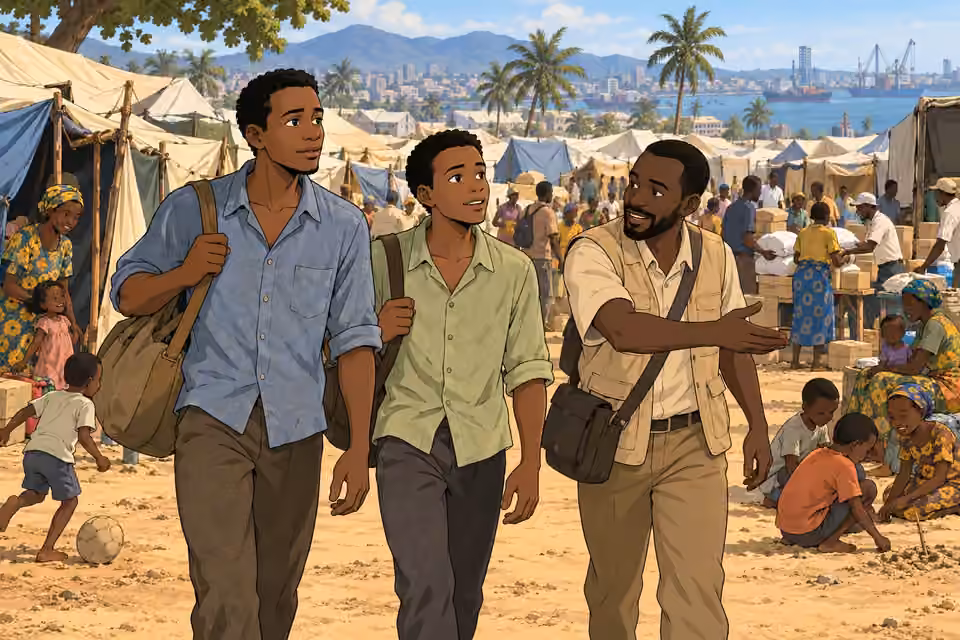 Chima and the grown Obi enter the refugee camp in Douala.
